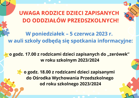 UWAGA RODZICE DZIECI ZAPISANYCH DO ODDZIAŁÓW PRZEDSZKOLNYCH!